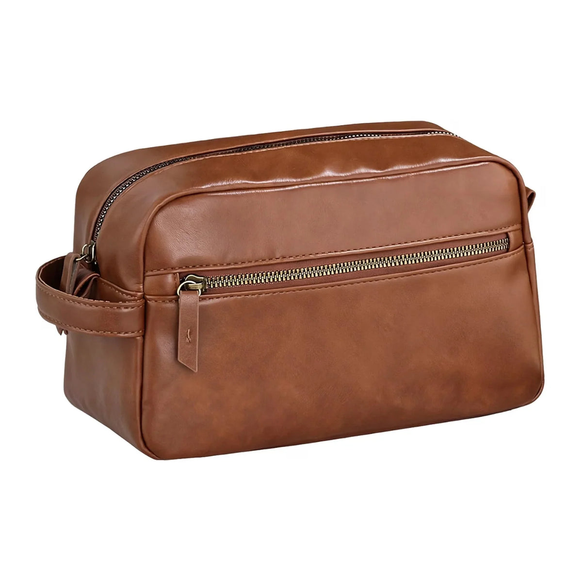 Men's Brown PU Leather Toiletry Bag – Large Travel Dopp Kit with Multiple Compartments