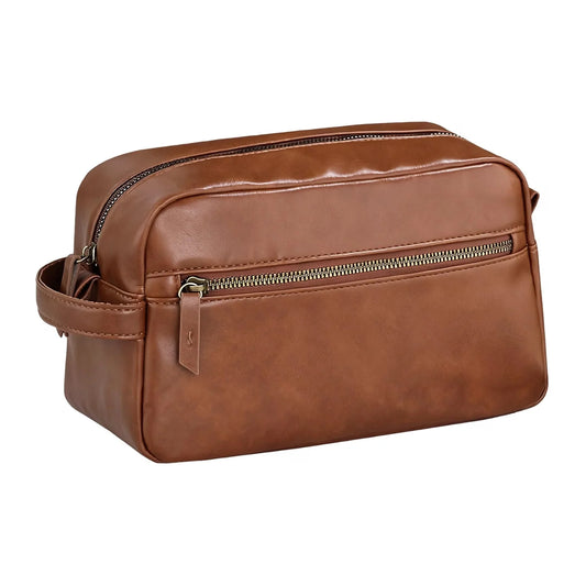 Men's Brown PU Leather Toiletry Bag – Large Travel Dopp Kit with Multiple Compartments