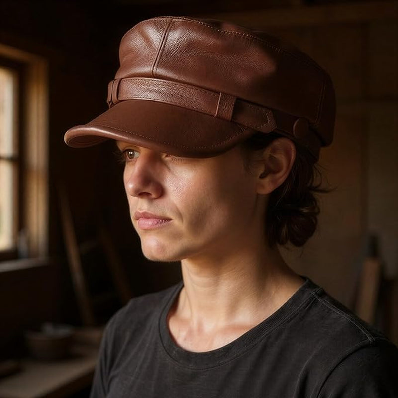 Men's Brown Genuine Cowhide Leather Greek Fisherman Cap – Sailor Mariner Hat