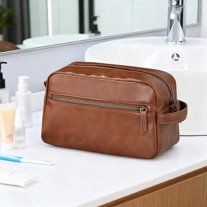 Men's Brown PU Leather Toiletry Bag – Large Travel Dopp Kit with Multiple Compartments