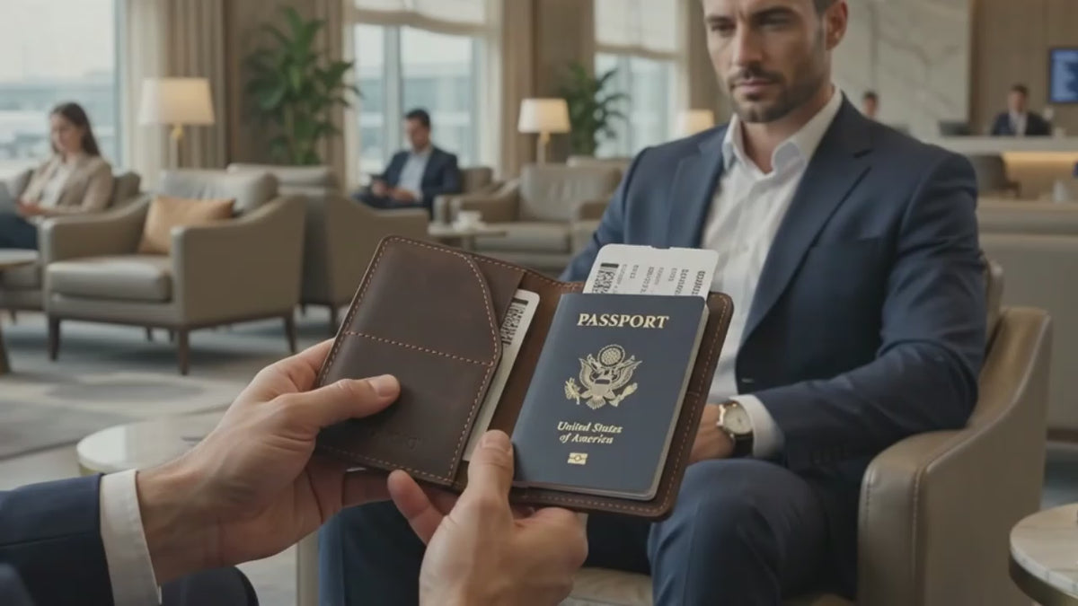 Load video: Video Alt Text:Ultravia Horizons Priam handmade full-grain leather passport cover shown in use, featuring passport, boarding pass, and card storage compartments with a slim brown leather design.