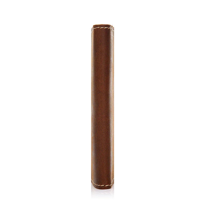 Brown cylindrical object with decorative stitching on a white background