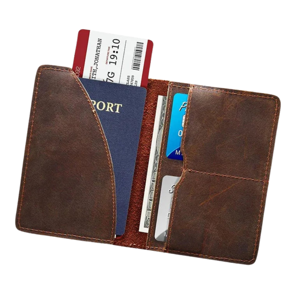 A brown leather travel wallet shown open on a white background, containing a blue passport, boarding pass, cards, and cash.