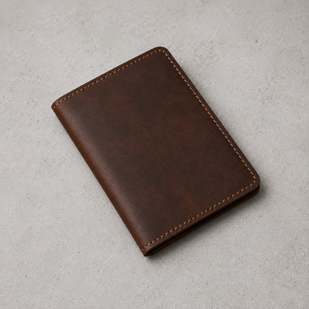 A dark brown leather passport holder or slim wallet with visible stitching, photographed on a light gray textured surface.