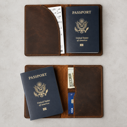 Two views of a brown leather passport holder and document case on a light gray background. The top view shows the case open with a U.