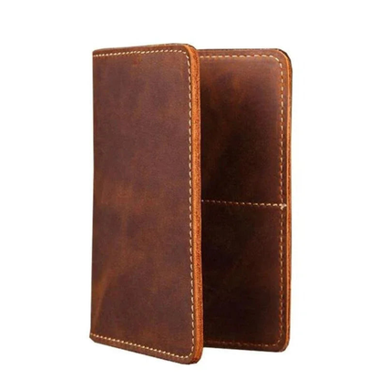 A brown leather wallet shown open to display its interior, featuring a textured finish and contrast stitching, set against a plain white background.