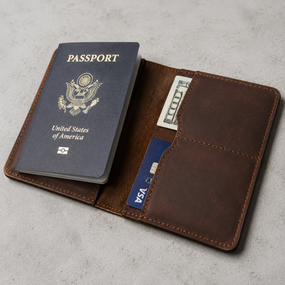 A brown leather passport holder wallet shown open on a light gray concrete surface, containing a U.S.