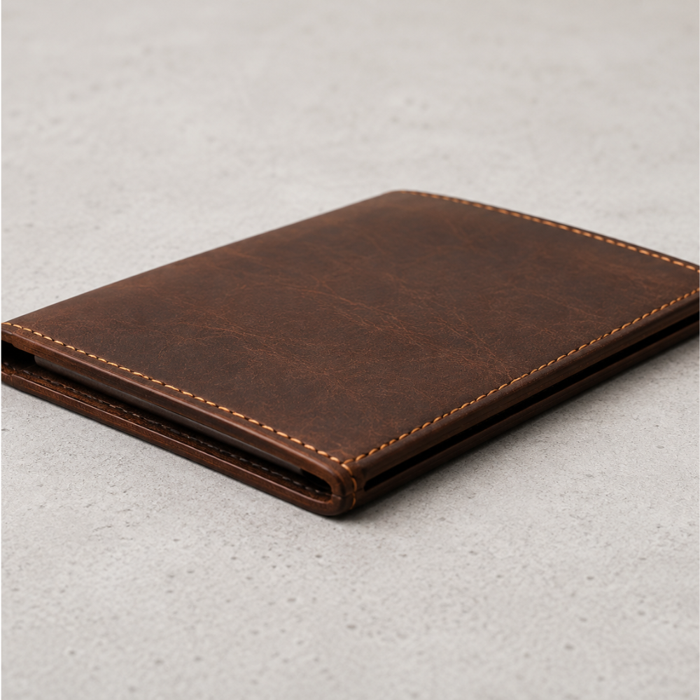 A brown leather bifold wallet with light tan contrast stitching, shown closed on a textured light gray surface.